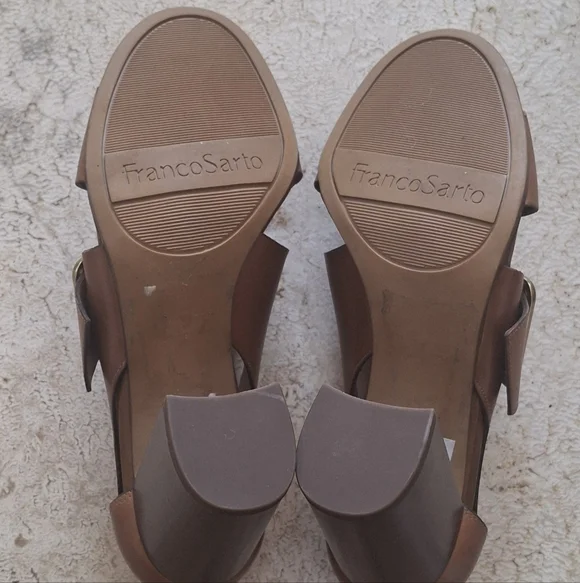 FRANCO SARTO "Mirabel" Leather Cognac Brown Gold Buckle Block Heels - Size 7 - Picture 5 of 8